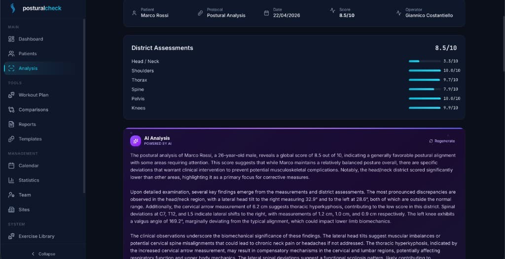 Results screen with district scores and AI-generated clinical summary panel
