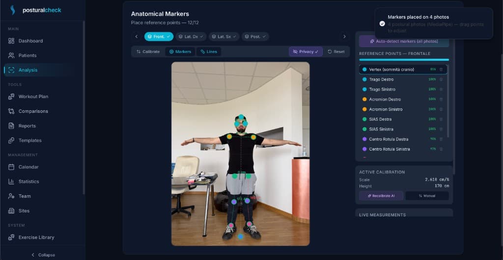 Analysis view with anatomical landmarks overlaid on the patient photo and AI confidence panel