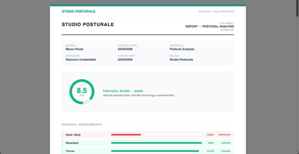 Sample PDF report with postural score and regional assessment bars