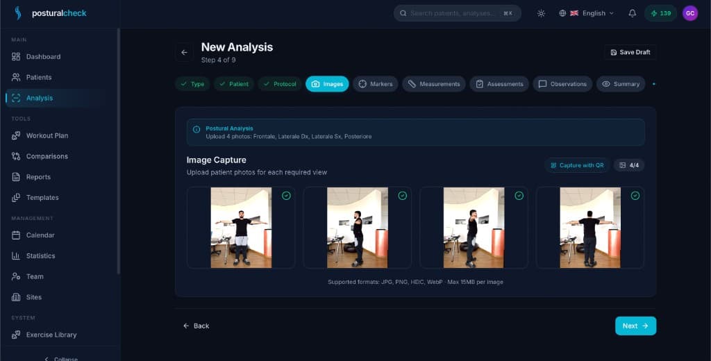 Image capture step showing four postural views uploaded with protocol guidance